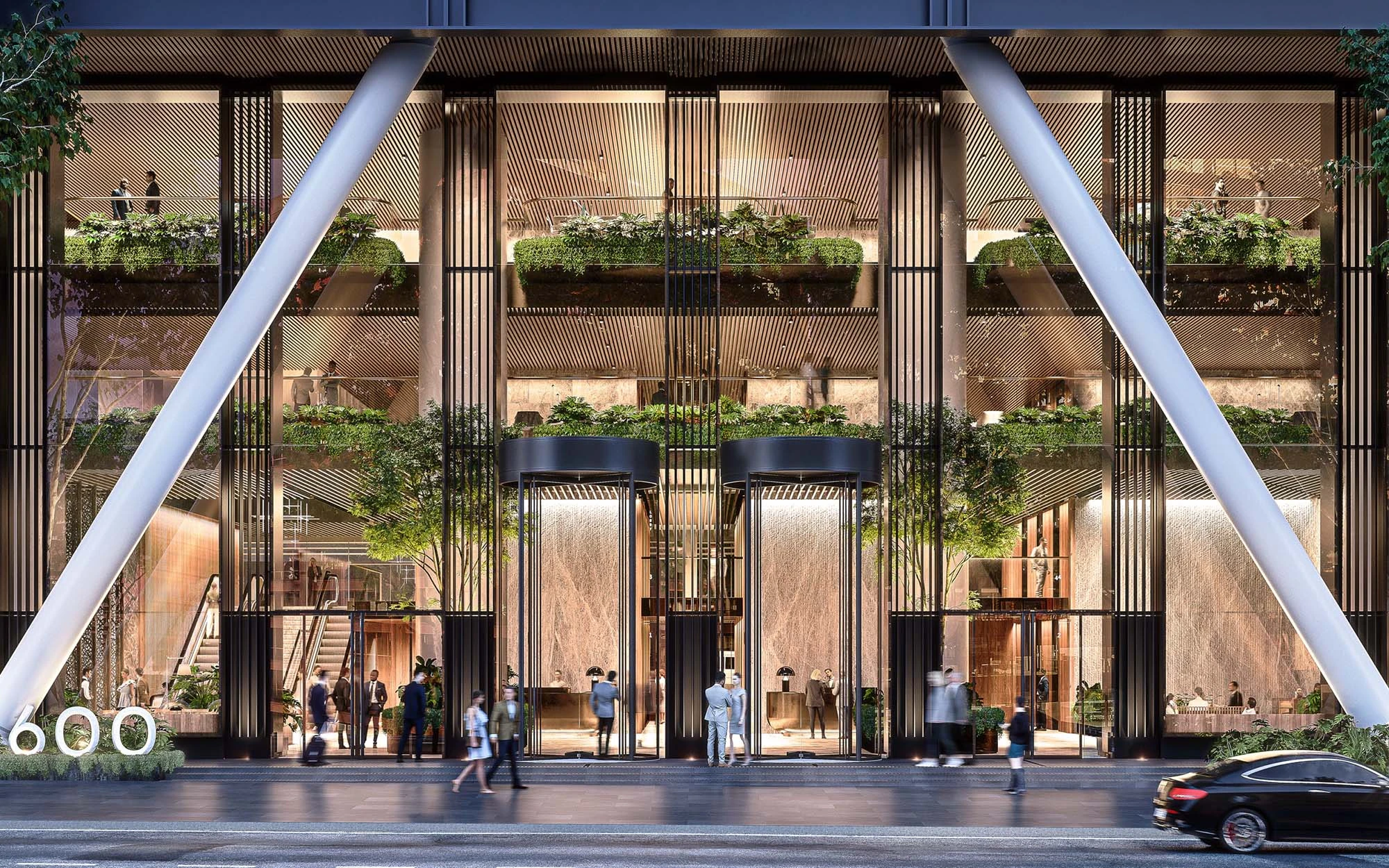 Render showing the street view looking into 600 Collins lobby