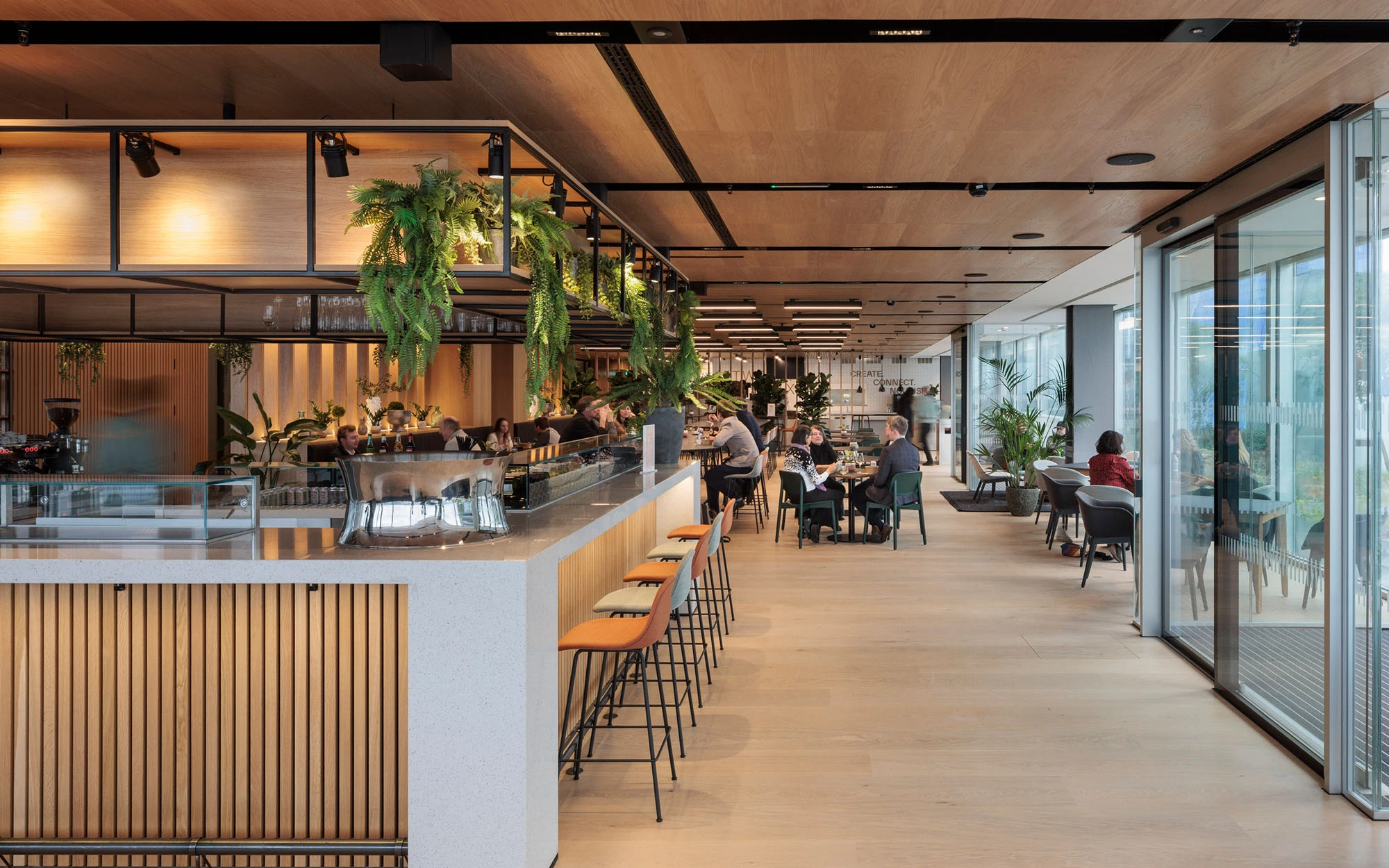 Level 26 bar and restaurant with building users eating lunch