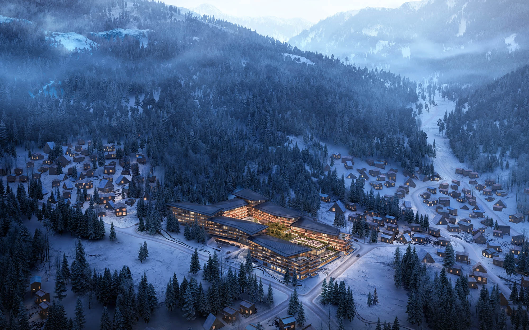 Exterior render of mountain ski resort