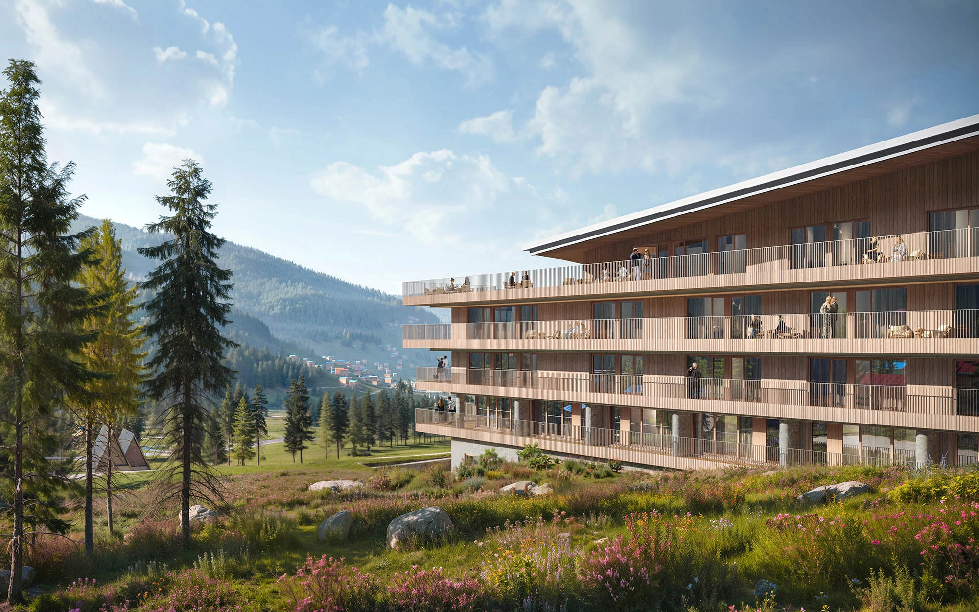 Exterior render of mountain ski resort in summer