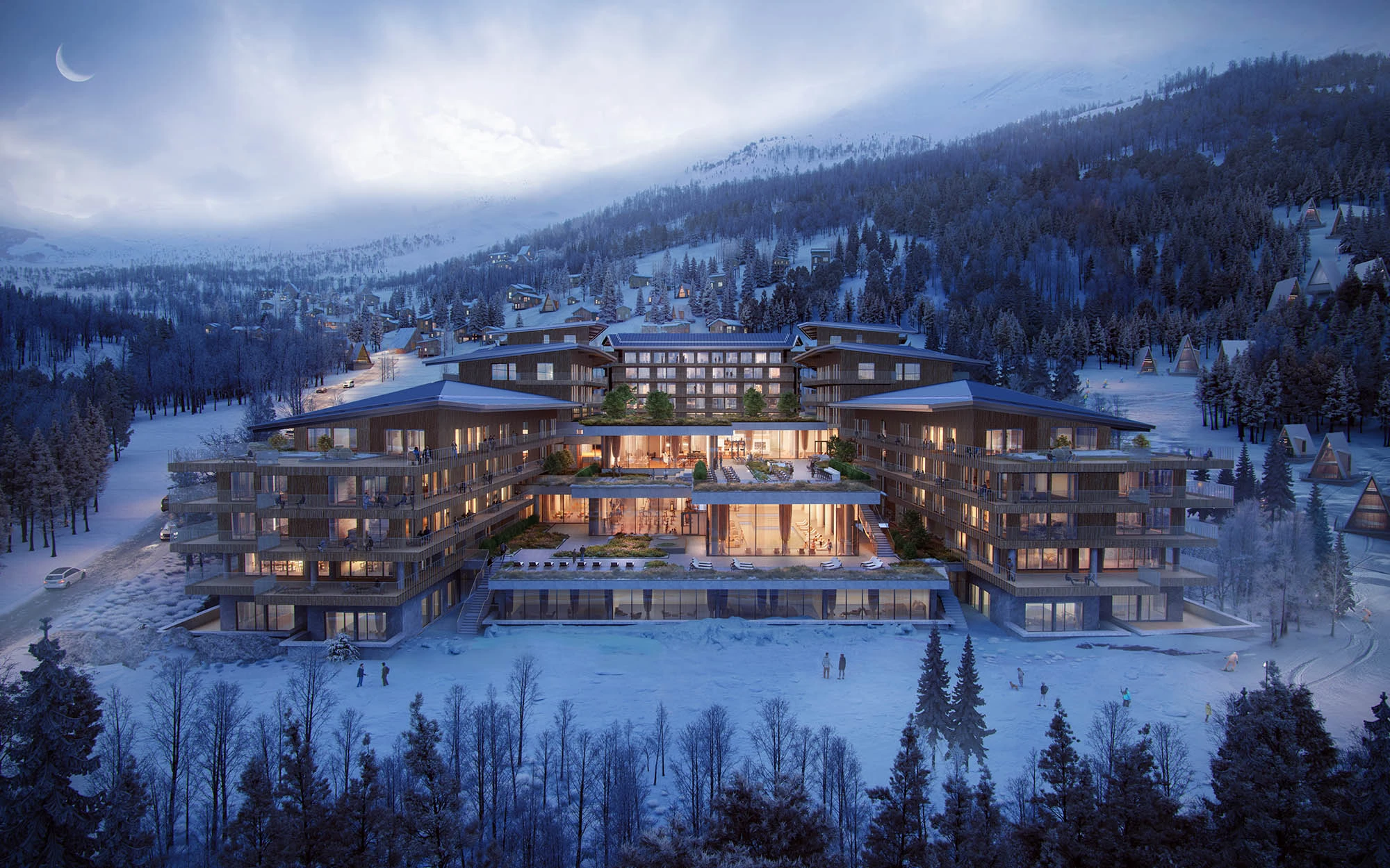 Exterior render of mountain ski resort