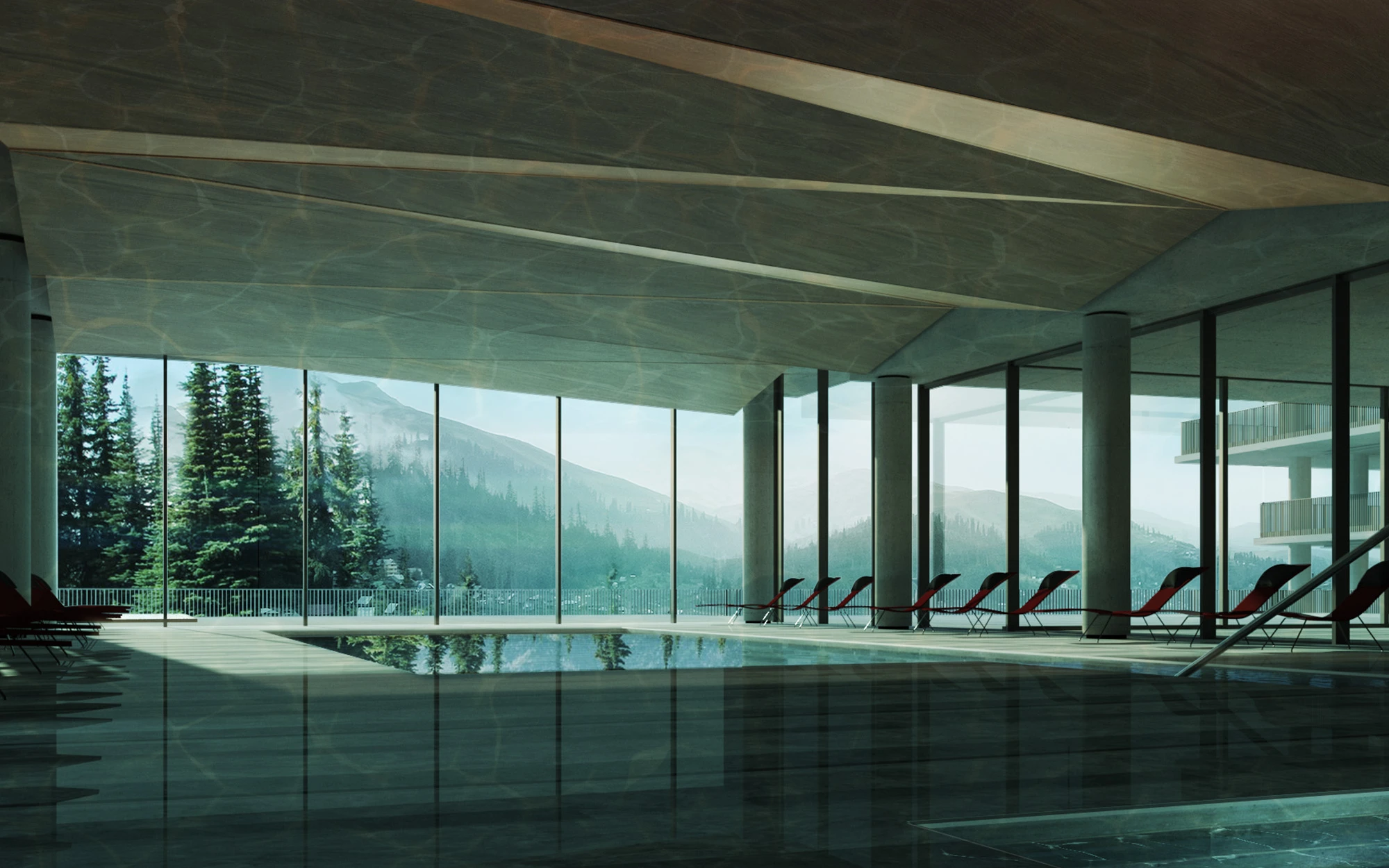 Interior render of pool and lounge area with mountain view