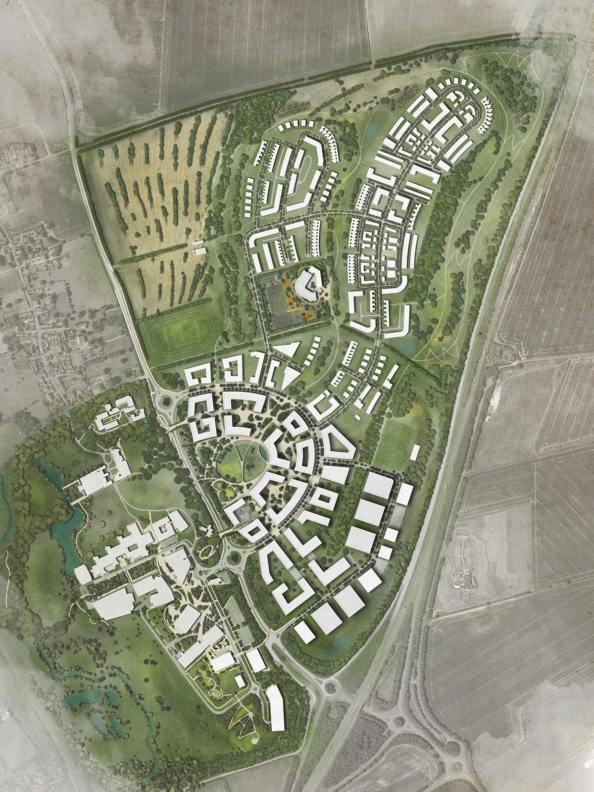Rendered masterplan of Wellcome Genome Campus